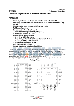 IA16450-PLC44I datasheet - Universal Asynchronous Receiver/Transmitter