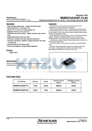 M5M5V5A36GP datasheet - 18874368-BIT(524288-WORD BY 36-BIT) Flow-Through NETWORK SRAM