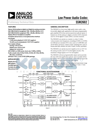 SSM2602 datasheet - Low Power Audio Codec