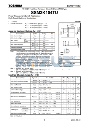 SSM3K104TU datasheet - Power Management Switch Applications