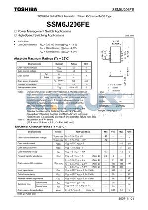 SSM6J206FE datasheet - Power Management Switch Applications