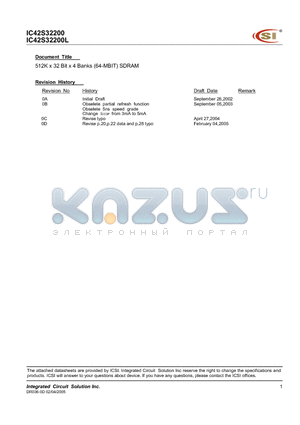 IC42S32200/L-8B datasheet - 512K Words x 32 Bits x 4 Banks (64-MBIT) SYNCHRONOUS DYNAMIC RAM