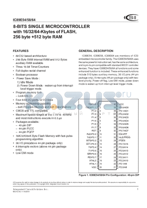 IC89E64-40W datasheet - 8-BITS SINGLE MICROCONTROLLER with 16/32/64-Kbytes of FLASH, 256 byte 512 byte RAM