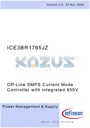 ICE3BR1765JZ datasheet - Off-Line SMPS Current Mode Controller with integrated 650V