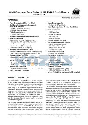 SST34HF32A4-70-4E-L1PE datasheet - 32 Mbit Concurrent SuperFlash  16 Mbit PSRAM ComboMemory