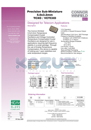 M602-012.8M datasheet - Precision Sub-Miniature 5.0x3.2mm TCXO / VCTCXO