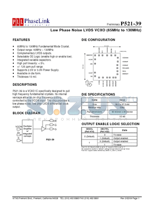 P521-39DC datasheet - Low Phase Noise LVDS VCXO (65MHz to 130MHz)