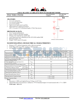 P600D datasheet - AXIAL SILASTIC GUARD JUNCTION STANDARD RECTIFIER