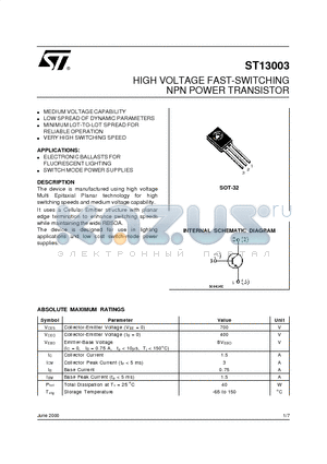ST13003 datasheet - HIGH VOLTAGE FAST-SWITCHING NPN POWER TRANSISTOR