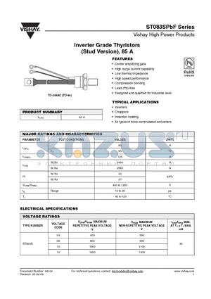 ST083S12PFN0PBF datasheet - Inverter Grade Thyristors (Stud Version), 85 A