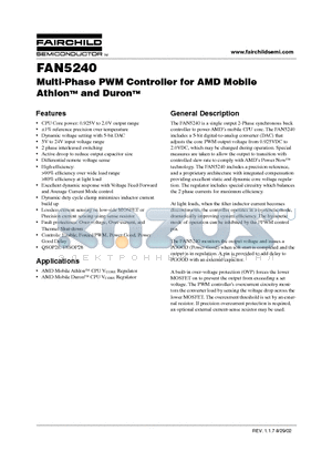 FAN5240MTC datasheet - Multi-Phase PWM Controller for AMD Mobile Athlon TM and Duron TM