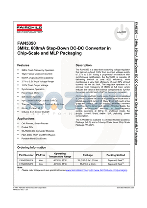 FAN5350 datasheet - 3MHz, 600mA Step-Down DC-DC Converter in Chip-Scale and MLP Packaging