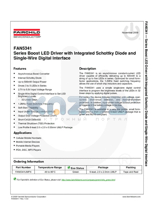 FAN5341UMPX datasheet - Series Boost LED Driver with Integrated Schottky Diode and Single-Wire Digital Interface