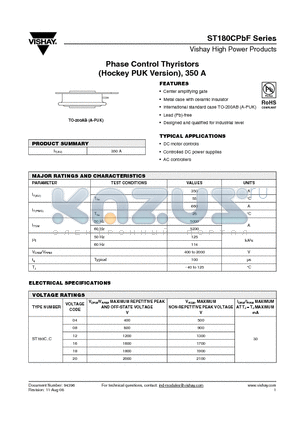 ST180C20C2LPBF datasheet - Phase Control Thyristors (Hockey PUK Version), 350 A