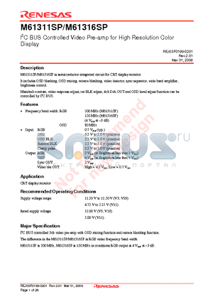 M61311SP datasheet - l2C BUS Controlled Video Pre-amp for High Resolution Color Display