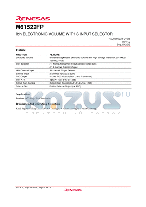 M61522FP datasheet - 8ch ELECTRONIC VOLUME WITH 8 INPUT SELECTOR