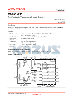 M61540FP datasheet - 6ch Electronic Volume with 5 Input Selector