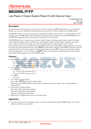 M62009P datasheet - Low Power 2 Output System Reset IC with External Input