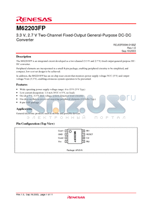 M62203FP datasheet - 3.3 V, 2.7 V Two-Channel Fixed-Output General-Purpose DC-DC Converte