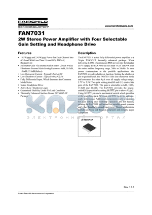 FAN7031 datasheet - 2W Stereo Power Amplifier with Four Selectable  Gain Setting and Headphone Drive