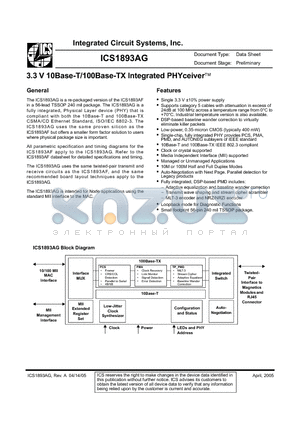 ICS1893AG datasheet - 3.3 V 10Base-T/100Base-TX Integrated PHYceiver-TM