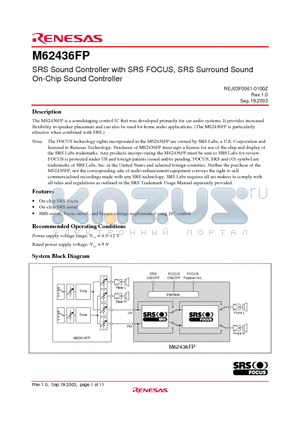 M62436FP datasheet - SRS Sound Controller with SRS FOCUS, SRS Surround Sound On-Chip Sound Controller