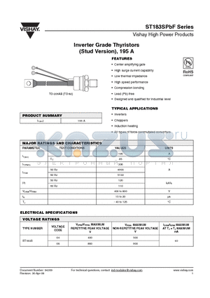 ST183S08PFK0PBF datasheet - Inverter Grade Thyristors (Stud Version), 195 A