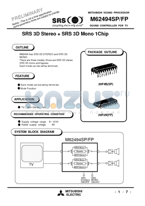 M62494SP datasheet - SOUND CONTROLLER FOR TV