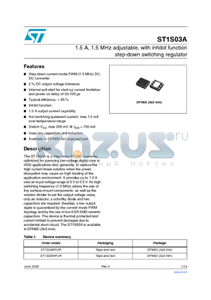 ST1S03AIPUR datasheet - 1.5 A, 1.5 MHz adjustable, with inhibit function step-down switching regulator