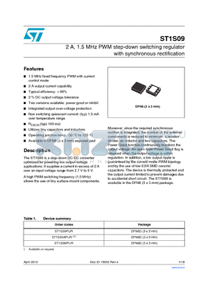 ST1S09 datasheet - 2 A, 1.5 MHz PWM step-down switching regulator with synchronous rectification