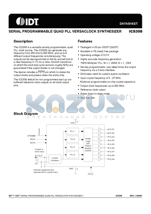 ICS308RILF datasheet - SERIAL PROGRAMMABLE QUAD PLL VERSACLOCK SYNTHESIZER