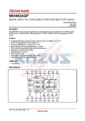 M64893AGP datasheet - SERIAL INPUT PLL FREQUENCY SYNTHES IZER FOR TV/VCR