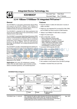 ICS1893CKIT datasheet - 3.3-V 10Base-T/100Base-TX Integrated PHYceive