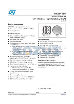 ST21Y068 datasheet - Smartcard MCU with 68 KBytes High Density EEPROM