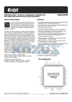 ICS813078I datasheet - FEMTOCLOCKS VCXO-PLL FREQUENCY GENERATOR FOR WIRELESS INFRASTRUCTURE EQUIPMENT