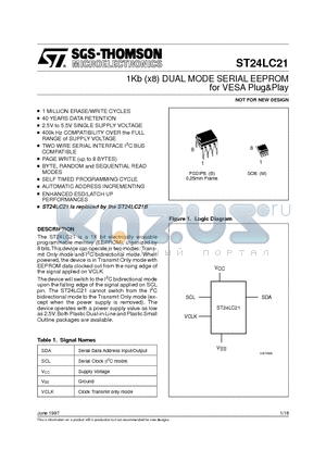 ST24LC21M1TR datasheet - 1Kb x8 DUAL MODE SERIAL EEPROM for VESA Plug&Play