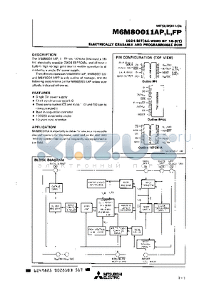 M6M80011 datasheet - 1024 BIT ELECTRICALLY ERASABLE AND PROGRAMMABLE ROM