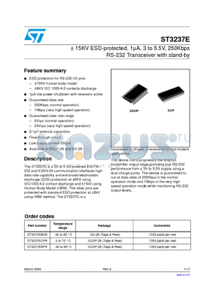 ST3237EBPR datasheet - a 15KV ESD-protected, 1lA, 3 to 5.5V, 250Kbps RS-232 Transceiver with stand-by