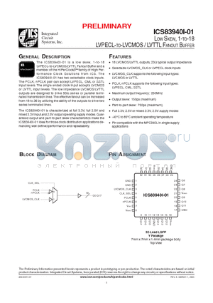 ICS83940I-01 datasheet - LOW SKEW, 1-TO-18 LVPECL-TO-LVCMOS / LVTTL FANOUT BUFFER