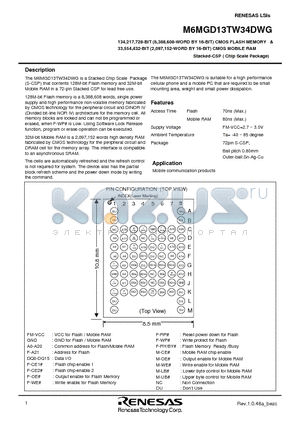 M6MGD13TW34DWG datasheet - 134,217,728-BIT (8,388,608-WORD BY 16-BIT) CMOS FLASH MEMORY & 33,554,432-BIT (2,097,152-WORD BY 16-BIT) CMOS MOBILE RAM