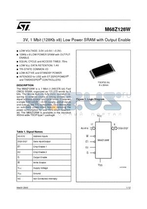 M68Z128WN datasheet - 3V, 1 Mbit 128Kb x8 Low Power SRAM with Output Enable