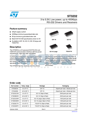 ST3232BWR datasheet - 3 TO 5.5V, LOW POWER, UP TO 400KBPS, RS-232 DRIVERS AND RECEIVERS
