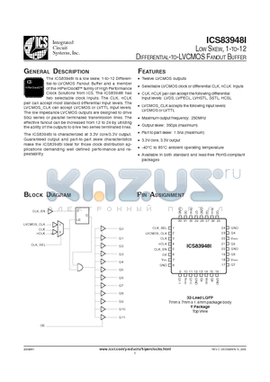 ICS83948AYILF datasheet - LOW SKEW, 1-TO-12 DIFFERENTIAL-TO-LVCMOS FANOUT BUFFER