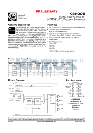 ICS840004AGIT datasheet - FEMTOCLOCKS CRYSTAL-TO LVCMOS/LVTTL FREQUENCY SYNTHESIZER