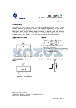 ST3406SRG datasheet - ST3406SRG is the N-Channel logic enhancement mode power field effect transistor which is produced using high cell density, DMOS trench technology.