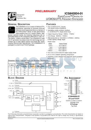 ICS840004AG-01T datasheet - FEMTOCLOCKS CRYSTAL-TO LVCMOS/LVTTL FREQUENCY SYNTHESIZER