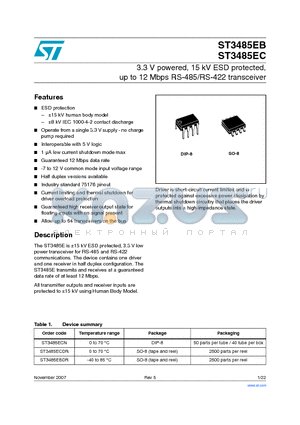 ST3485ECDR datasheet - 3.3 V powered, 15 kV ESD protected, up to 12 Mbps RS-485/RS-422 transceiver