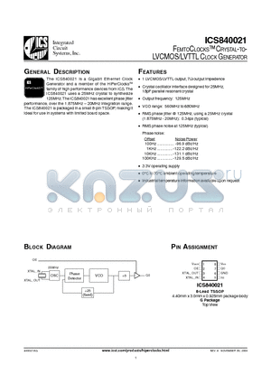 ICS840021AG datasheet - FEMTOCLOCKS CRYSTAL-TO-LVCMOS/ LVTTL CLOCK GENERATOR