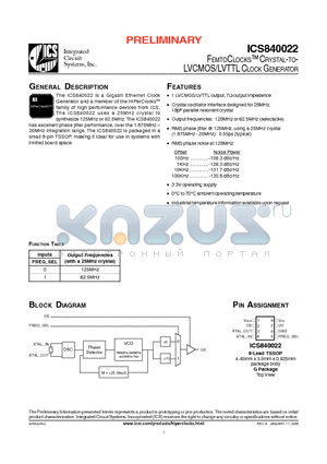 ICS840022AG datasheet - FEMTOCLOCKSCRYSTAL-TO LVCMOS/LVTTL CLOCK GENERATOR