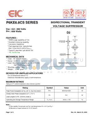 P6KE160CAS datasheet - BIDIRECTIONAL TRANSIENT VOLTAGE SUPPRESSOR